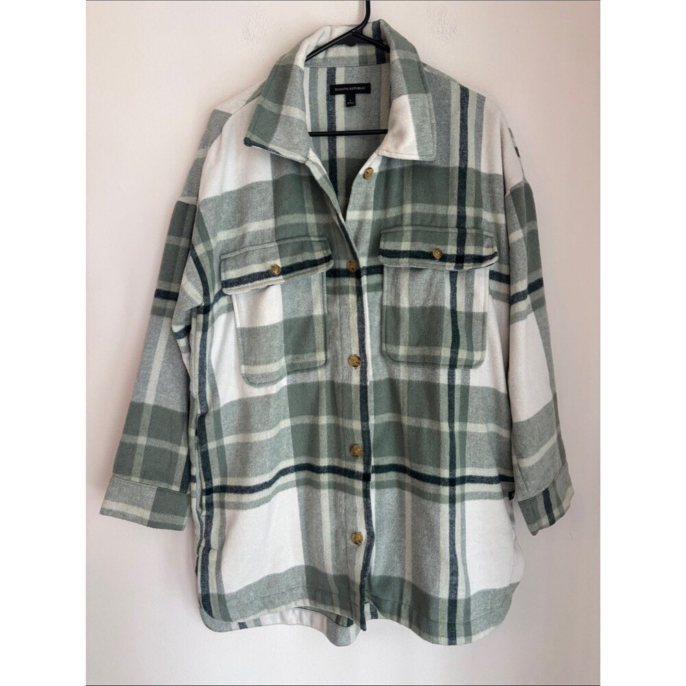 Banana Republic shaket long fleece Green and White Plaid wool blend women large